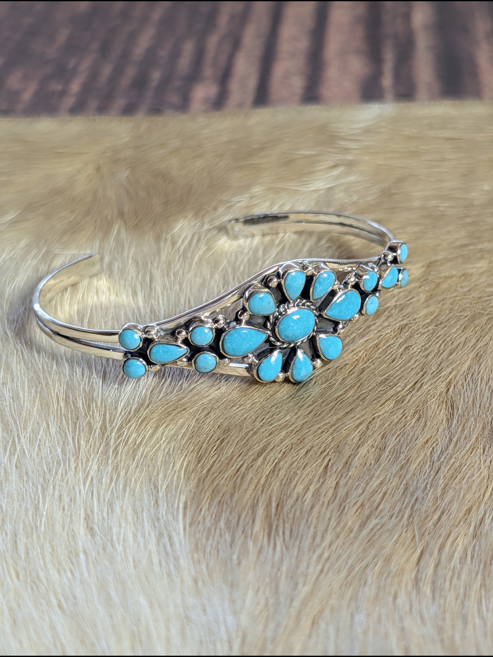 Kingman Turquoise Floral Cluster Sterling Silver Cuff Bracelet